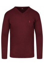 Sweter męski V-neck w serek - KNK - wełna/akryl - bordowy