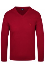 Sweter męski V-neck w serek - KNK - wełna/akryl - czerwony
