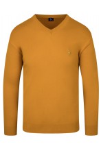 Sweter męski V-neck w serek - KNK - wełna/akryl - musztardowy