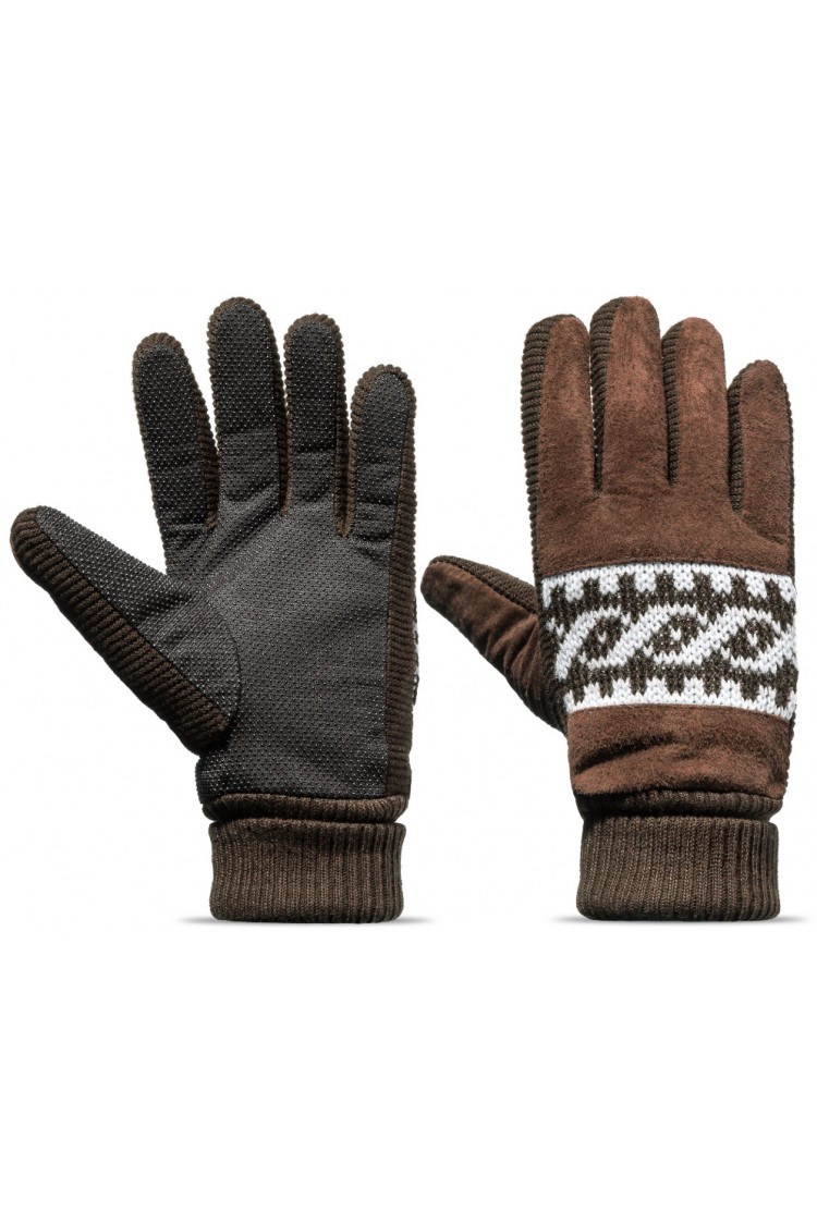 Rękawiczki męskie zimowe grube ocieplane zamszowe z futerkiem w środku - brązowe