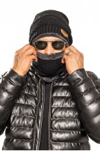 Czapka + Komin - komplet męski ocieplany futerkiem - czarny