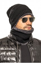 Czapka + Komin - komplet męski ocieplany futerkiem - czarny