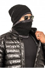 Czapka + Komin - komplet męski ocieplany futerkiem - czarny