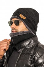 Czapka + Komin - komplet męski ocieplany futerkiem - czarny