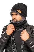 Czapka + Komin - komplet męski ocieplany futerkiem - czarny