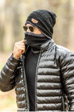 Czapka + Komin - komplet męski ocieplany futerkiem - czarny