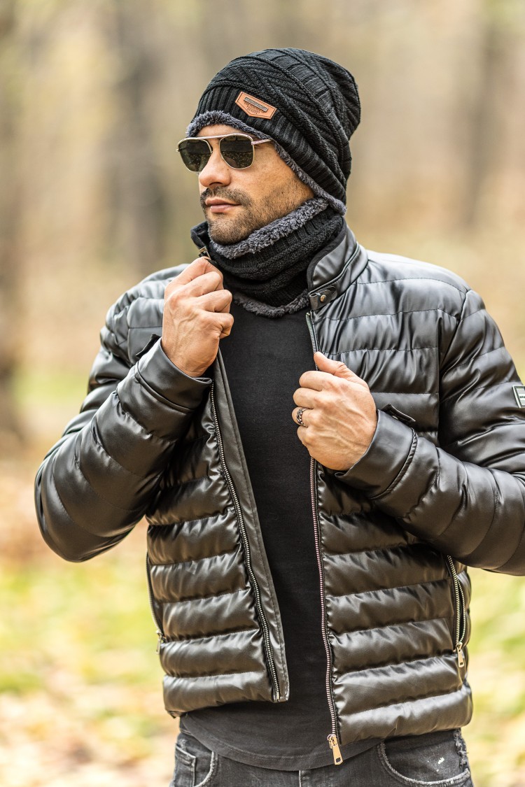 Czapka + Komin - komplet męski ocieplany futerkiem - czarny