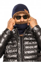 Czapka + Komin - komplet męski ocieplany futerkiem - beżowy