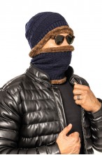 Czapka + Komin - komplet męski ocieplany futerkiem - beżowy