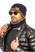 Czapka + Komin - komplet męski ocieplany futerkiem - beżowy