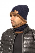 Czapka + Komin - komplet męski ocieplany futerkiem - beżowy