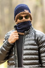 Czapka + Komin - komplet męski ocieplany futerkiem - beżowy