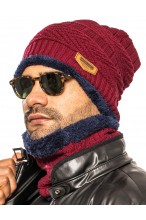 Czapka + Komin - komplet męski ocieplany futerkiem - granatowy