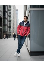 Kurtka męska przejściowa - wiatrówka z kapturem - 8GCZ - granatowo - czerwona
