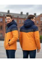 Kurtka męska przejściowa - wiatrówka z kapturem - 8GŻ - granatowo - żółta