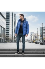 Kurtka męska zimowa ocieplana z kapturem - 013 FKOW - niebieska