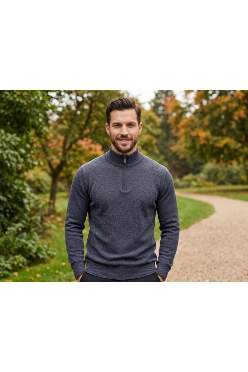 Sweter męski golf zapinany pod szyją - akryl + wełna - granatowy