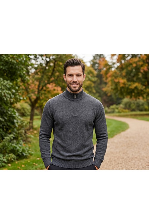 Sweter męski golf zapinany pod szyją - akryl + wełna - grafitowy